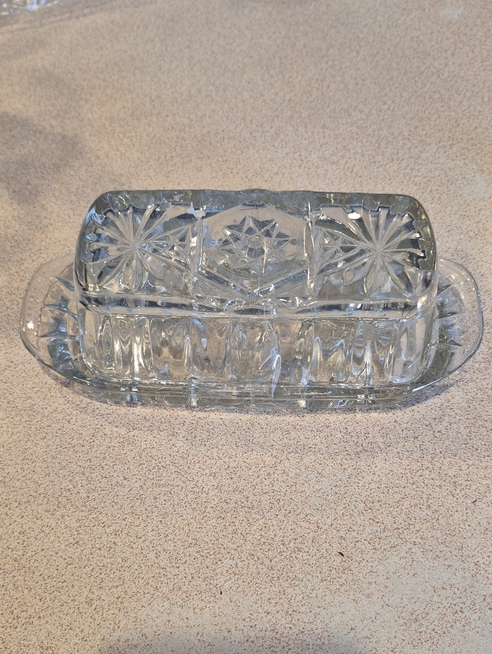 Pressed Glass Butter Dish with Starburst Pattern